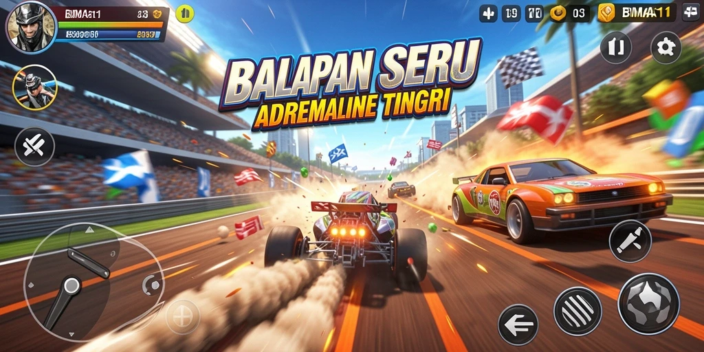 Screenshot dari gameplay BIMA11 menampilkan kendaraan balap di lintasan yang menegangkan.
