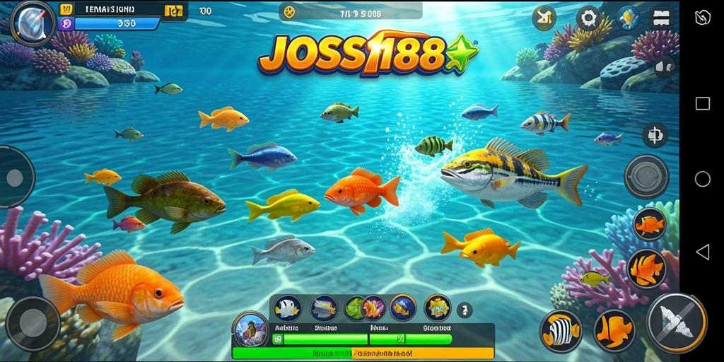 Screenshot gameplay JOSS188 yang memperlihatkan aksi menembak ikan.