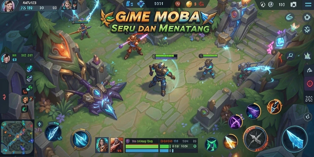 Tampilan layar gameplay <strong>RATU123</strong> yang menegangkan dalam pertempuran MOBA.